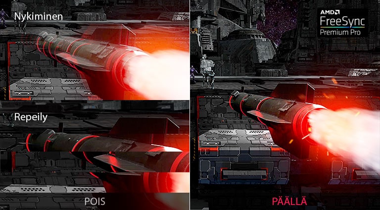 Pelin liike AMD FreeSync™ Premium Pro käytössä ja poissa käytöstä