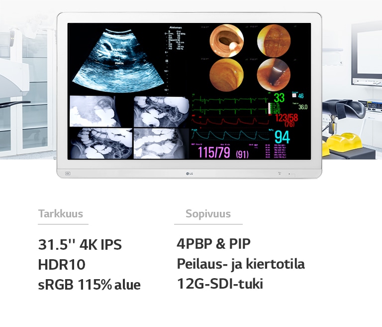 Tarkkuus:  31,5"" 4K IPS / HDR10 / sRGB 115 % alue, sopivuus:  4PBP & PIP / Peilaus- ja kiertotila / 12G-SDI-tuki