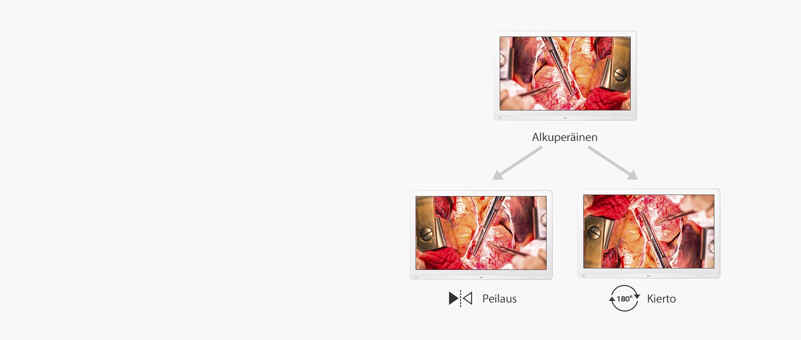 Alkuperäinen näyttö, peilausnäyttö ja 180 ° kierto 