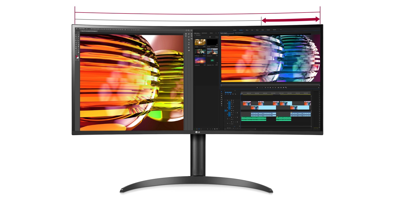 21:9 QHD+ -näyttö on erinomainen materiaalin katseluun videoiden editointia varten, ja ääniliitännäisiä ja tehosteita voidaan tuoda näkyviin yhtä aikaa.