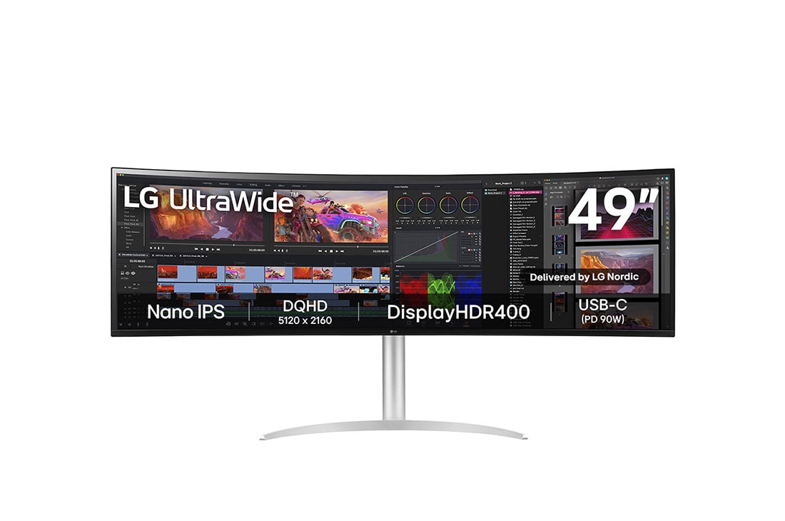 LG UltraWide Kaksois-QHD-näyttö, kuva edestä, 49WQ95C-W