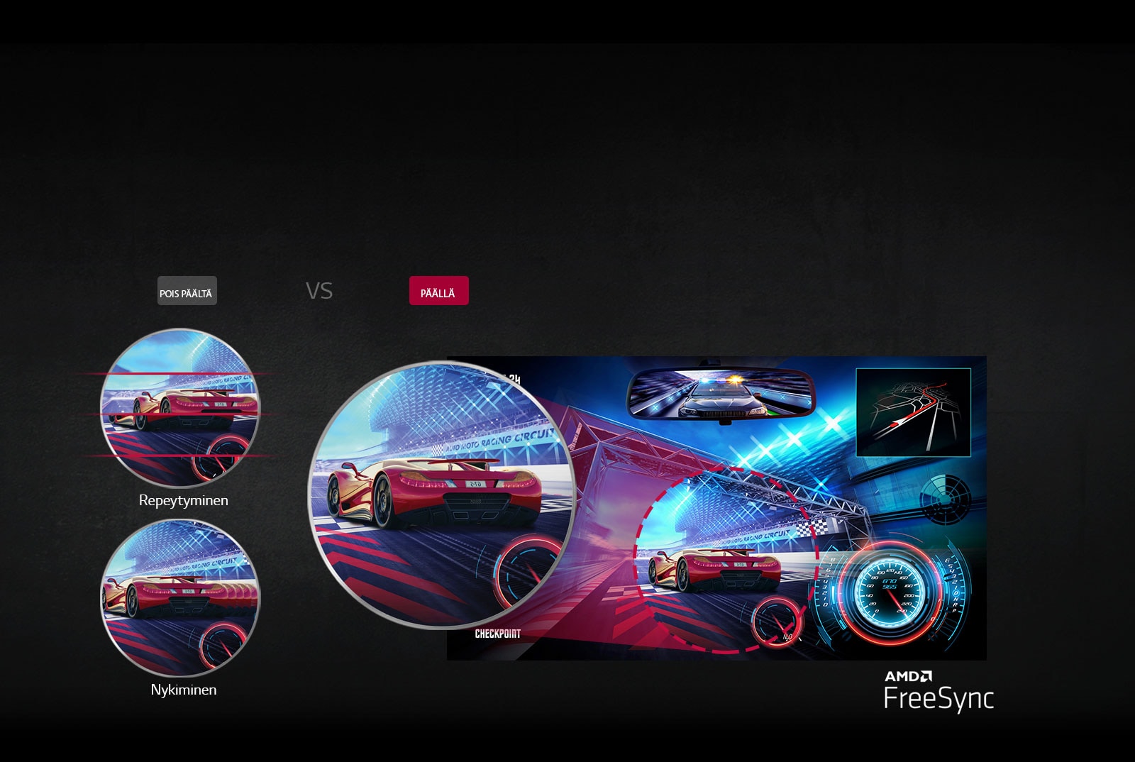 näyttö, jossa repeytymistä ja nykimistä ilman FreeSyncia vs selkeä näyttö, jossa on AMD FreeSync™