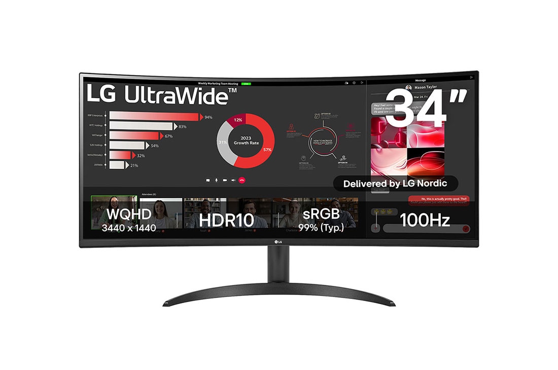 LG 34 tuuman kaareva 21:9 UltraWide™ QHD (3440 x 1440) - näyttö FreeSync™ - ominaisuudella, kuva edestä, 34WR50QC-B
