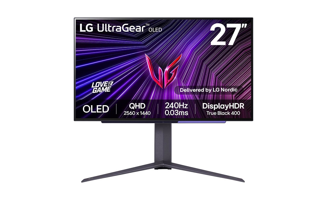 LG 27'' UltraGear™ OLED-pelimonitori | HDR400 True black, 240 Hz, 0,03 ms (GtG), kuva edestä, 27GS95QE-B