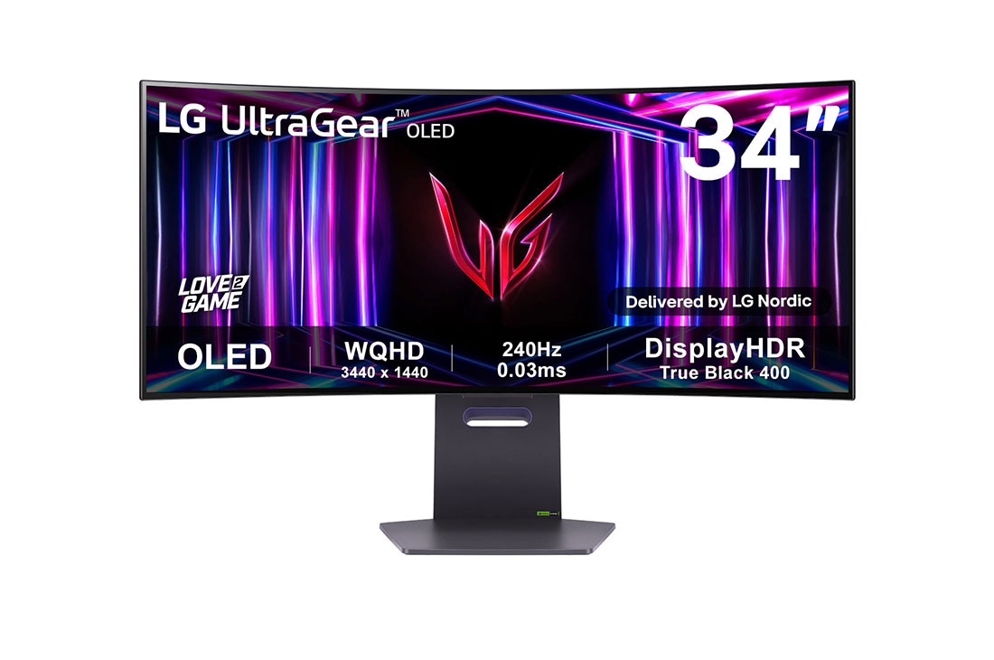 LG 34'' UltraGear™ OLED upouusi 800 R kaareva pelinäyttö | 21:9 Ultra-WQHD 240 Hz, 0,03 ms (GtG), DisplayHDR True Black 400, kuva edestä, 34GS95QE-B