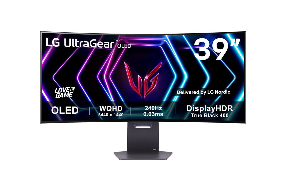 LG 39'' UltraGear™ OLED upouusi 800 R kaareva pelinäyttö | 21:9 Ultra-WQHD 240 Hz, 0,03 ms (GtG), DisplayHDR True Black 400, kuva edestä, 39GS95QE-B