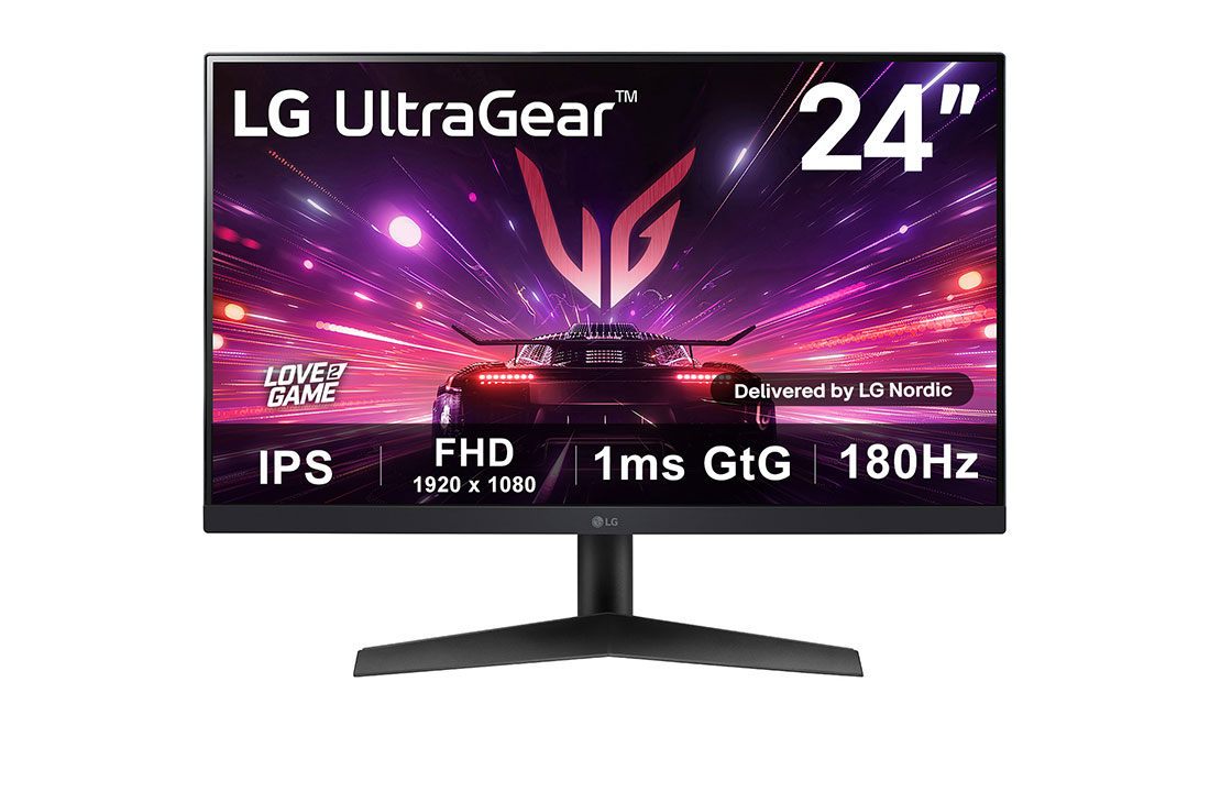 LG 24” UltraGear™ Full HD IPS -pelinäyttö | 180Hz, IPS 1ms (GtG), HDR10, kuva edestä, 24GS60F-B