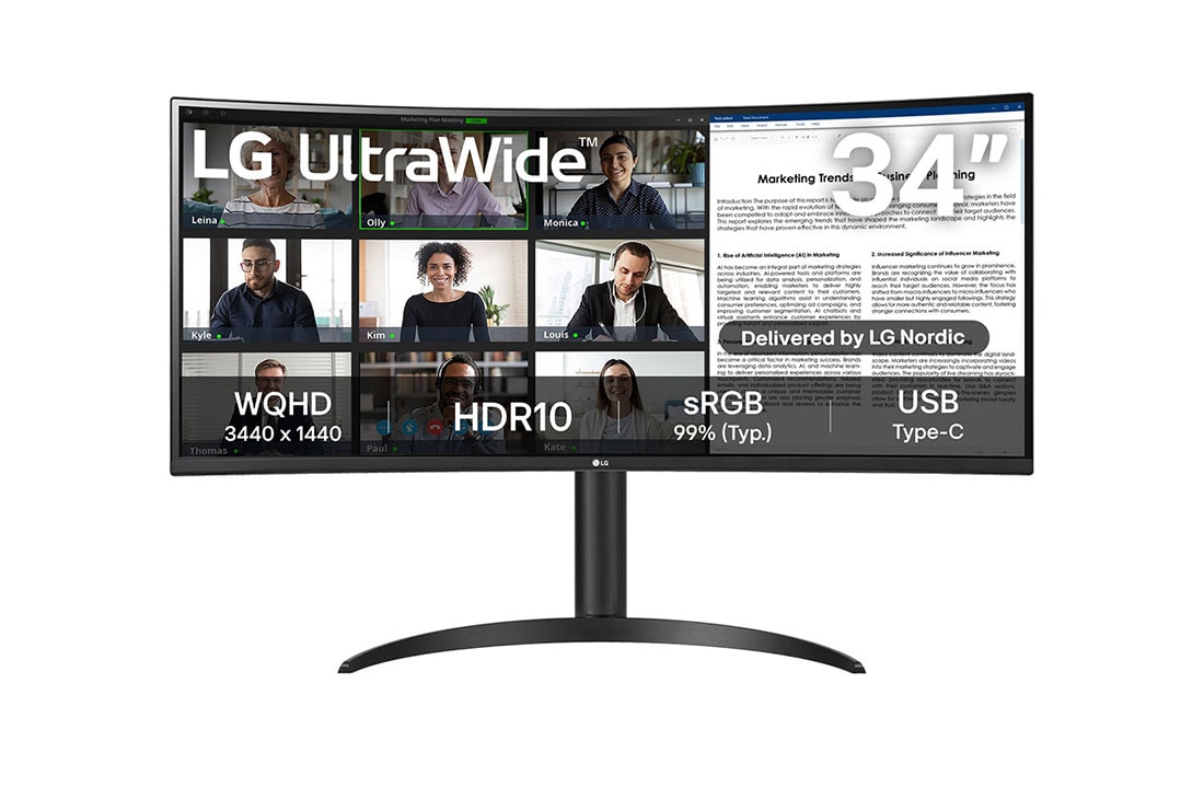 LG 34'' UltraWide QHD Curved -näyttö, jossa USB Type-C™, kuva edestä, 34WR55QC-B