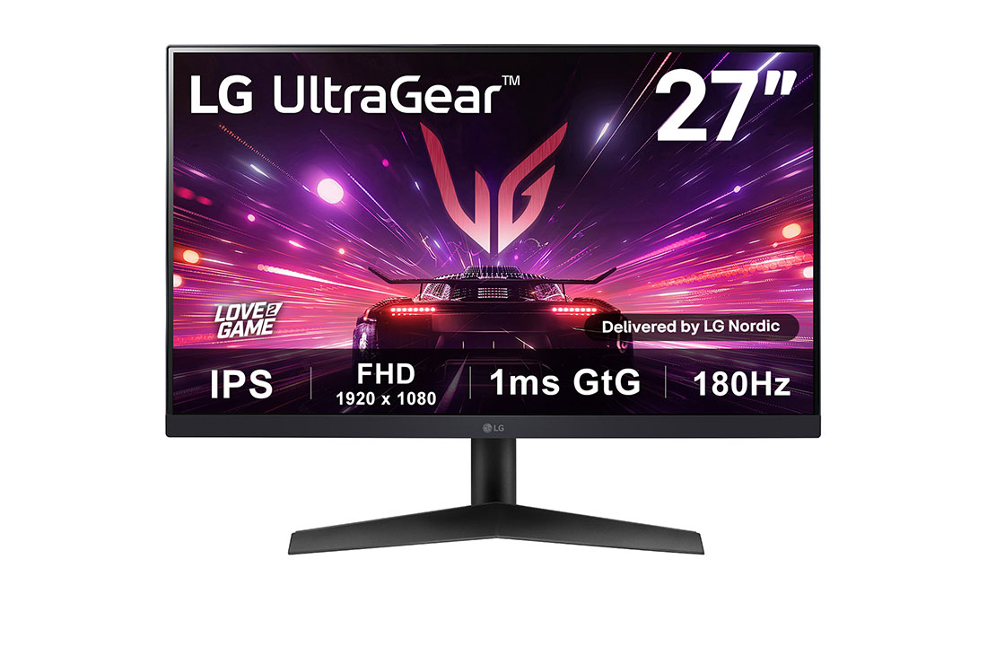 LG 27” UltraGear™ Full HD IPS -pelinäyttö | 180Hz, IPS 1ms (GtG), HDR10, kuva edestä, 27GS60F-B