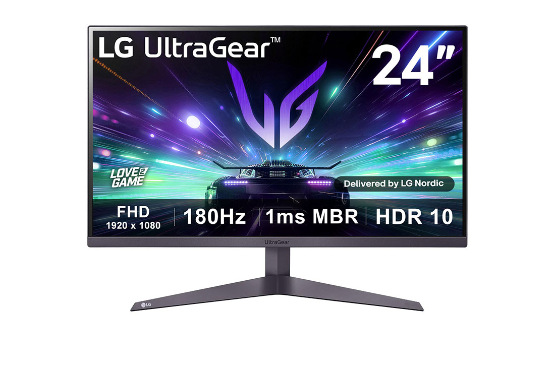 LG 24 tuuman UltraGear™ FHD 180 Hz -pelinäyttö | 1 ms MBR, HDR 10, kuva edestä, 24GS50F-B