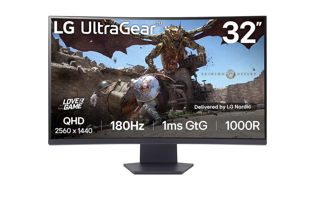 LG 32 tuuman UltraGear™ 1000R kaareva pelinäyttö | QHD, 1ms (GtG), 180Hz, kuva edestä, 32GS60QC-B