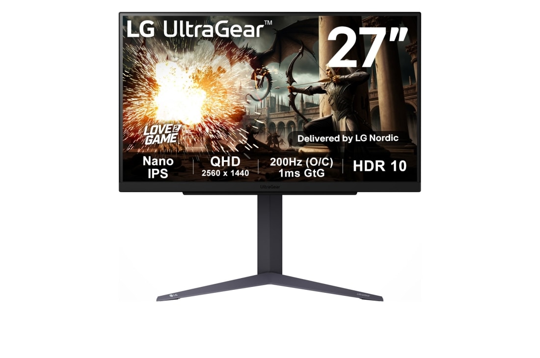 LG 27 tuuman QHD IPS 180Hz (O/C 200Hz) -pelinäyttö | 1ms (GtG), HDR10, Front view, 27GS75Q-B