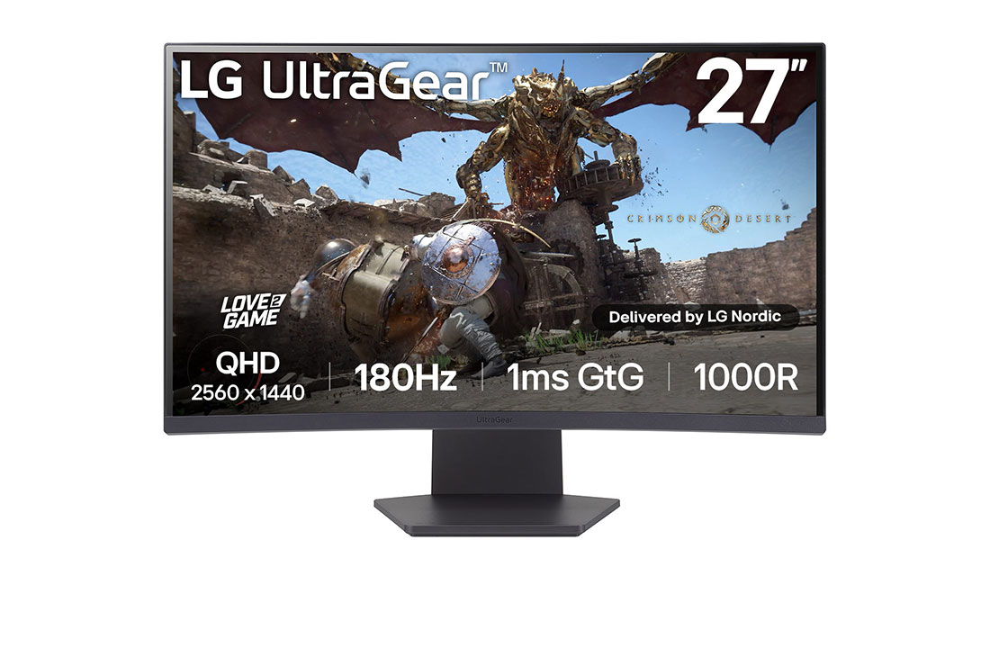 LG 27 tuuman UltraGear™ 1000R kaareva pelinäyttö | QHD, 1ms (GtG), 180Hz, kuva edestä, 27GS60QC-B