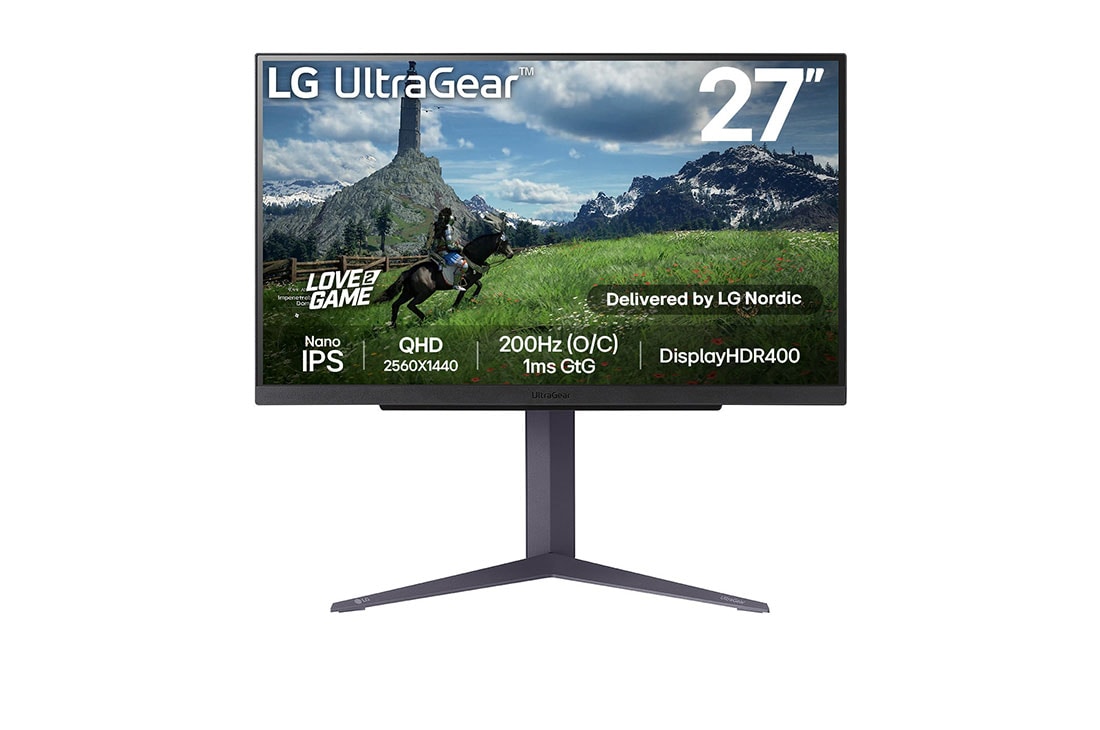LG 27” UltraGear™ QHD Nano IPS 180Hz (O/C 200 Hz) -pelinäyttö | 1ms (GtG), DisplayHDR™ 400, Front view, 27GS85Q-B