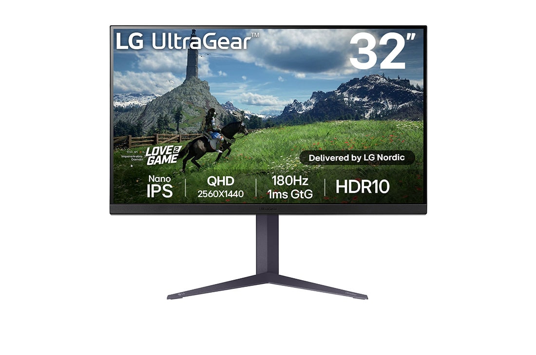 LG 32 tuuman UltraGear™ QHD Nano IPS 180Hz -pelinäyttö | 1ms (GtG), HDR10, kuva edestä, 32GS85Q-B