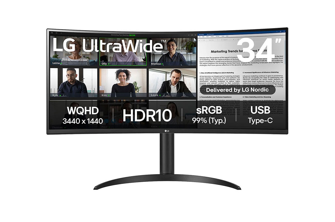 LG 34'' UltraWide QHD Curved -näyttö, jossa USB Type-C™, kuva edestä, 34WR55QK-B