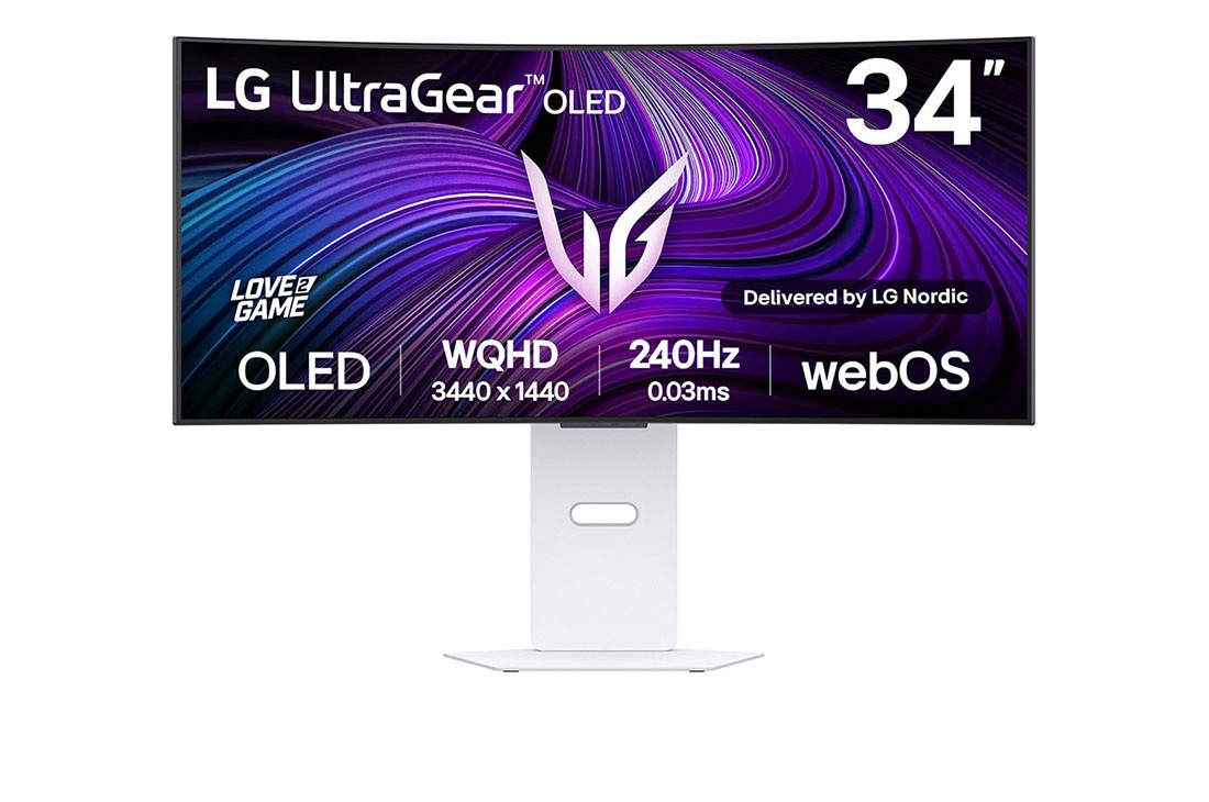 LG UltraGear™ 34 tuuman OLED 240Hz WQHD kaareva pelinäyttö | webOS, 0.03ms (GtG), 240Hz, DisplayHDR True Black 400, kuva edestä, 34GX90SA-W