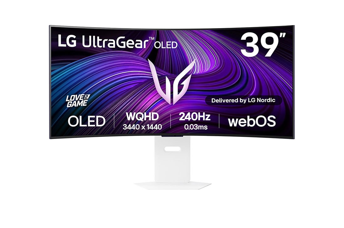 LG UltraGear™ 39 tuuman OLED 240Hz WQHD kaareva pelinäyttö | webOS, 0.03ms (GtG), 240Hz, DisplayHDR True Black 400, kuva edestä, 39GX90SA-W