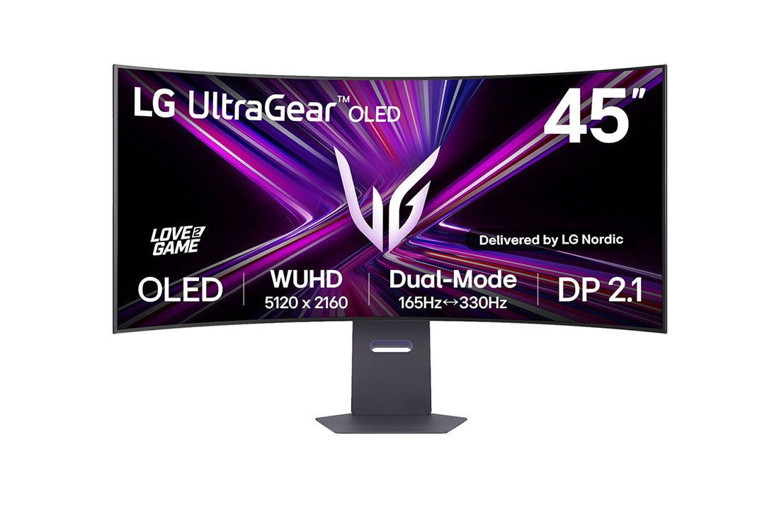 LG UltraGear™ 45 tuuman OLED Dual-Mode 5K2K -pelinäyttö | 0.03ms (GtG), Rich Bass (10Wx2), DisplayHDR True Black 400, DP 2.1 ja USB-C, kuva edestä, 45GX950A-B