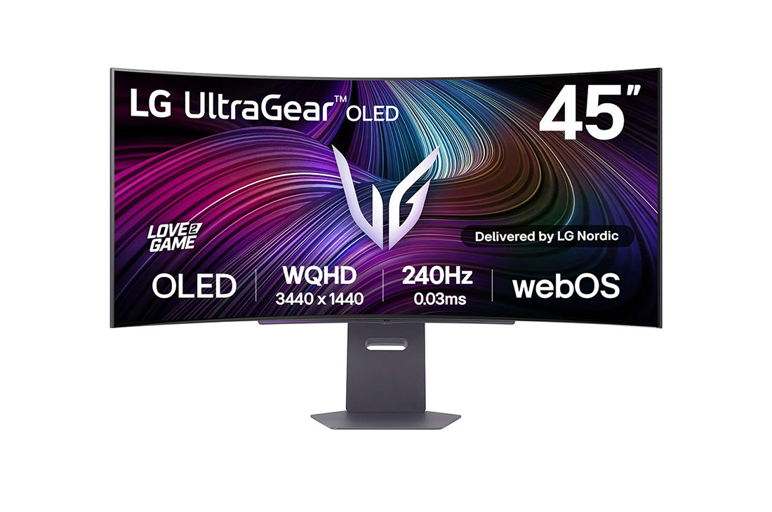 LG UltraGear™ 45 tuuman OLED 240 Hz WQHD kaareva pelinäyttö | webOS, 0.03ms (GtG), 240Hz, DisplayHDR True Black 400, kuva edestä, 45GX90SA-B