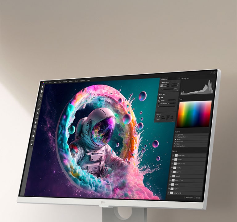 Siinä näkyy astronautti ja värikäs abstrakti kuva eloisissa 4K UHD -väreissä.