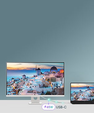 Kuvassa näkyy älynäyttö, joka on yhdistetty kannettavaan USB-C:llä, mikä esittelee lataamista ja tiedonsiirtoa.	