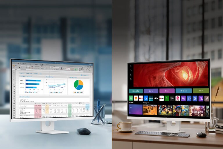 Kuvassa näkyy LG Smart Monitor -näyttöjä toimistossa ja kotona.	