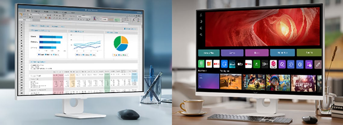 Kuvassa näkyy LG Smart Monitor -näyttöjä toimistossa ja kotona.	