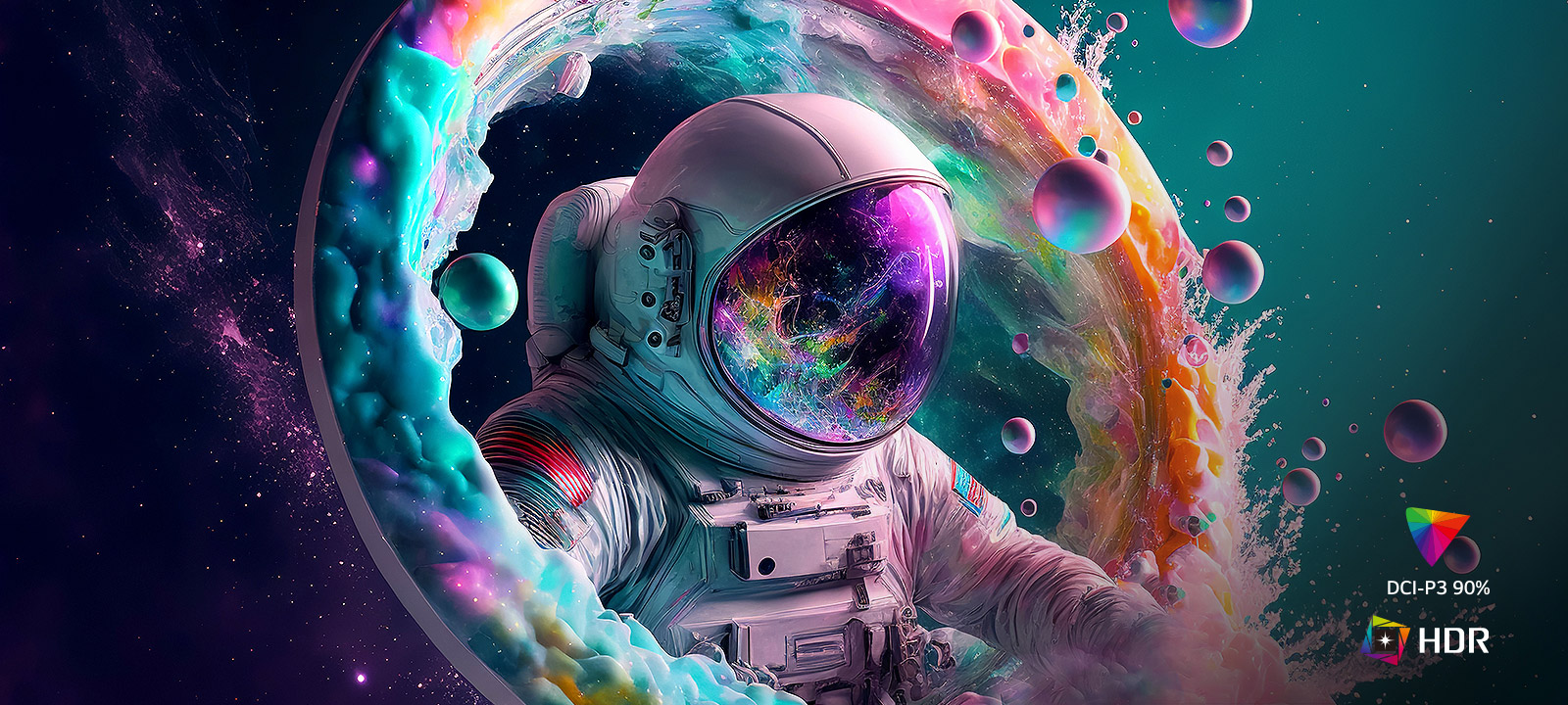 Siinä näkyy astronautti ja värikäs abstrakti kuva eloisissa 4K UHD -väreissä.