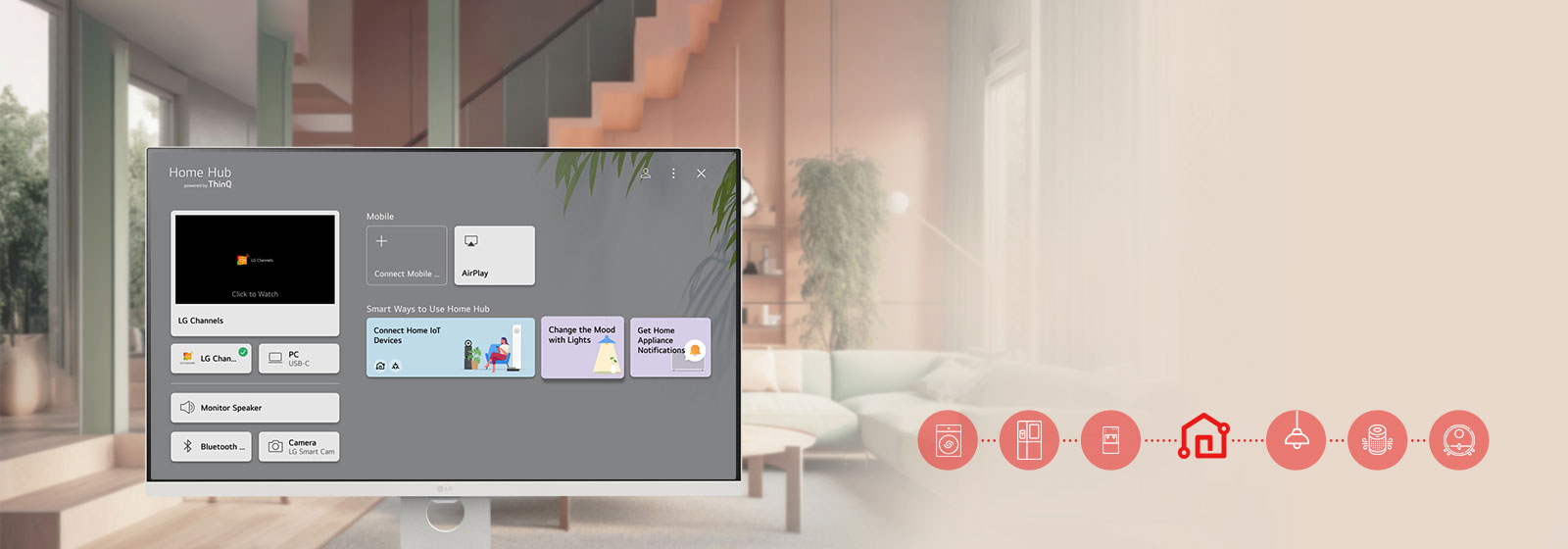 LG Smart Monitor -näytöllä näkyy ThinQ Home Dashboard -käyttöliittymä.