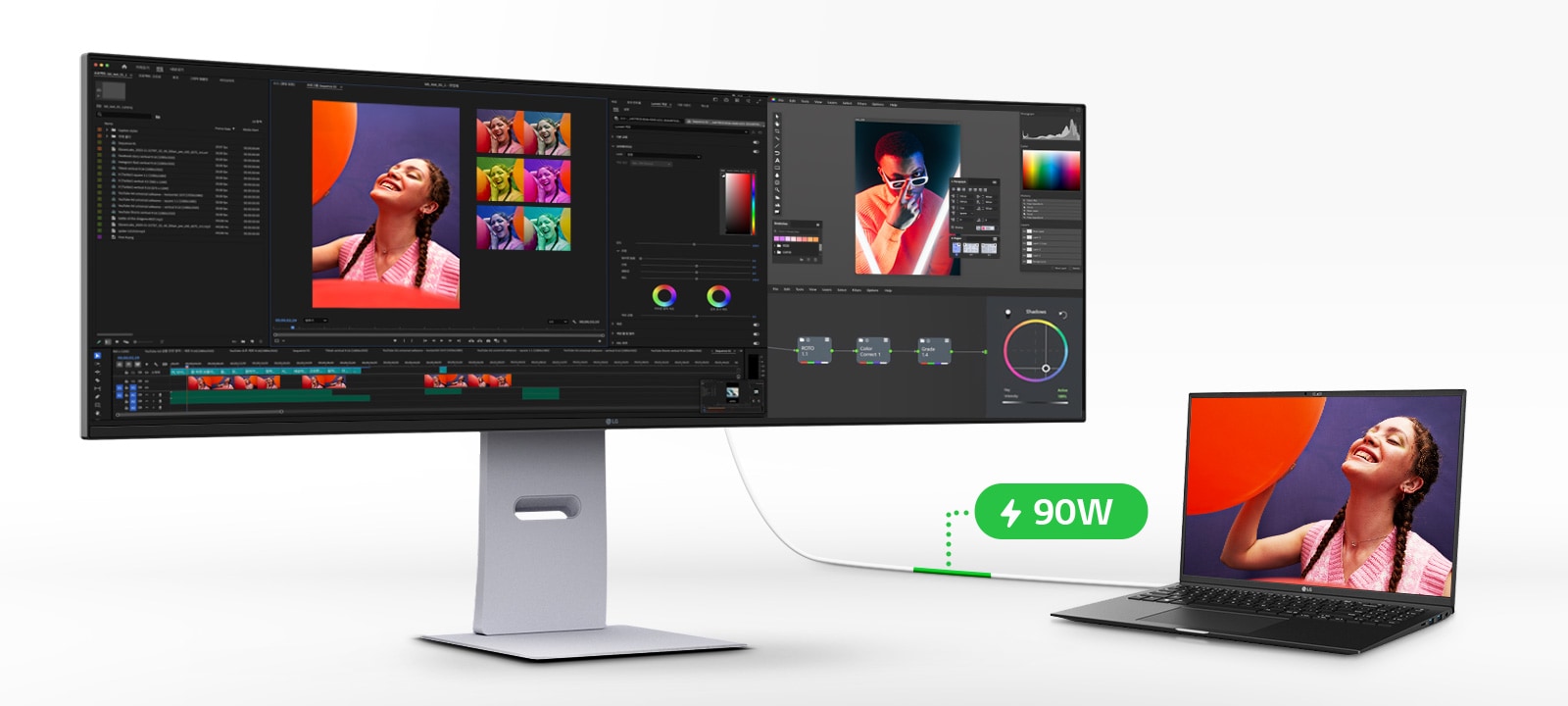 Näyttö on yhdistetty kannettavaan yhdellä USB Type-C -kaapelilla, joka tarjoaa 90 W:n virransyötön ja tukee näyttöä, tiedonsiirtoa ja latausta. Kuva korostaa all-in-on-yhdistettävyyttä ja siistiä työpöytää.