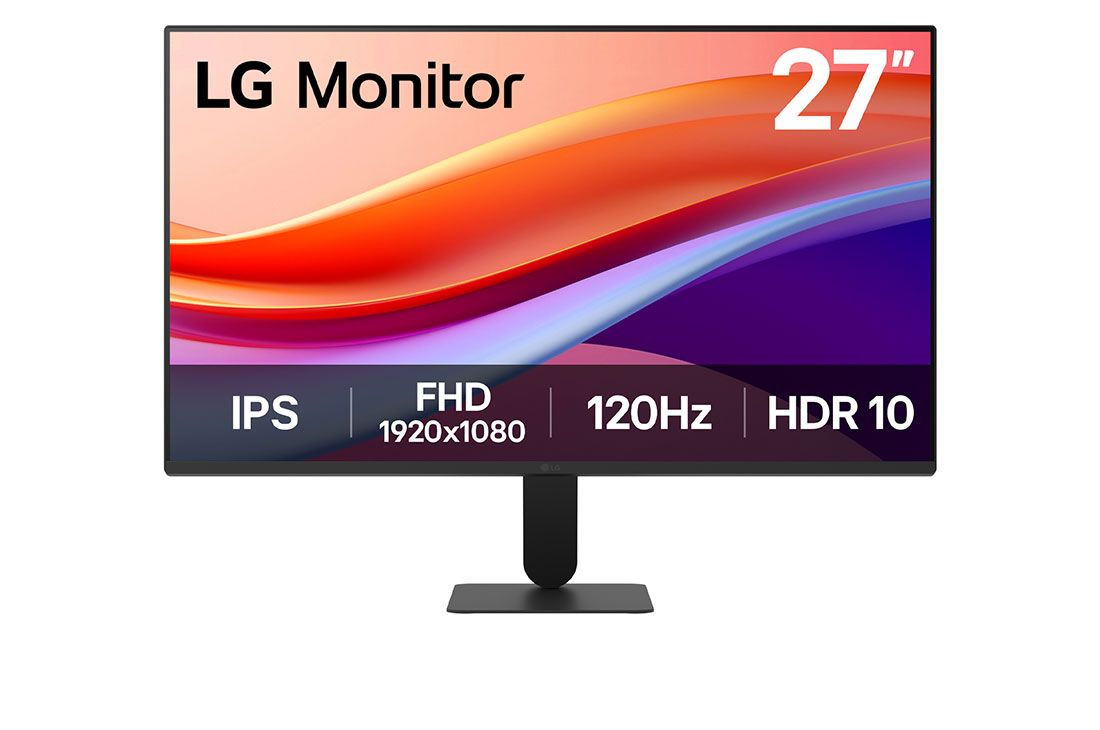 LG 27'' IPS Full HD 120Hz -näyttö lähes reunuksettomalla muotoilulla ja ominaisuuksilla sRGB 99% (Tyyp.), HDR 10, 1ms MBR, front view, 27U411A-B