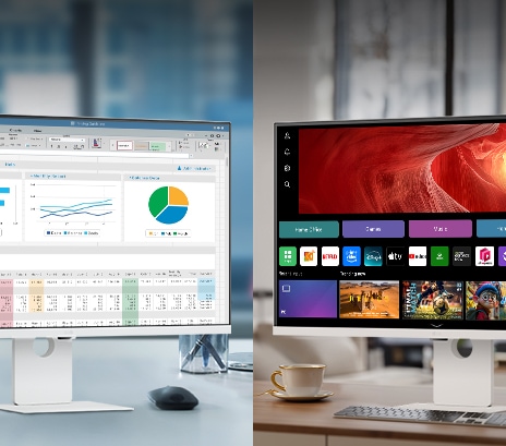 Kuvassa näkyy LG Smart Monitor -näyttöjä toimistossa ja kotona.	