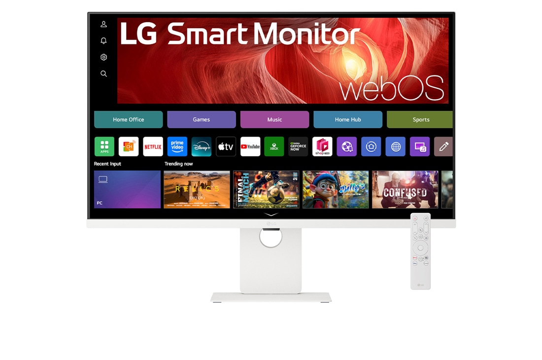 LG 36,5'' Smart Monitor 4K UHD IPS striimaukseen webOS:llä, kuva edestä kaukosäätimen kanssa, 37U730SA-W