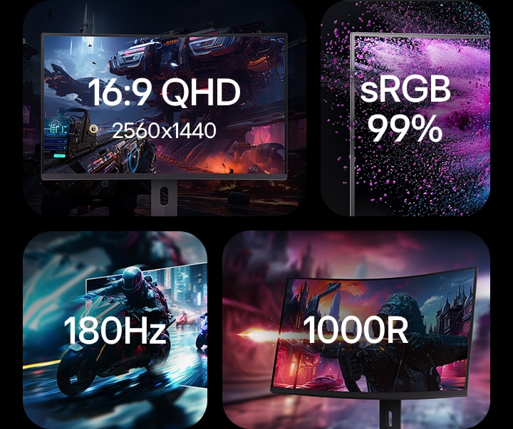 16:9 QHD 2560x1440, sRGB 99%, 180Hz, 1000R	