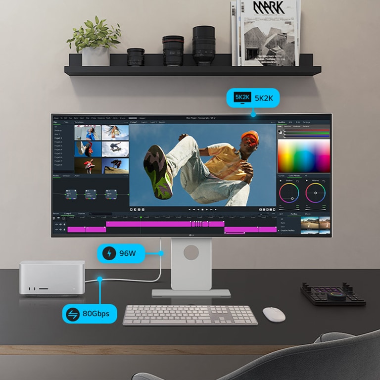 UltraFine-näytöllä näkyy ohjelmanäyttö ja se on asetettu pienemmän näytön, PC:n ja säilytystilan viereen, ja yhdistetyt kaapelit kuvaavat sen monipuolisia yhdistämismahdollisuuksia.