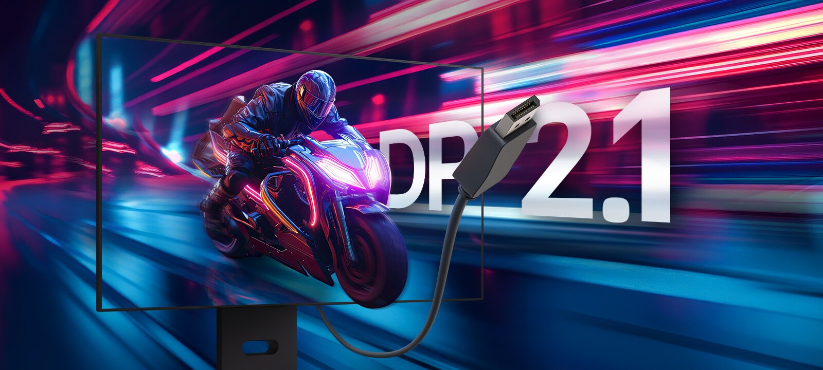 Futuristinen moottoripyöräilijä ilmestyy näytöltä neonvalojen saattelemana. ja edustalla on DP 2.1 -kaapeli.