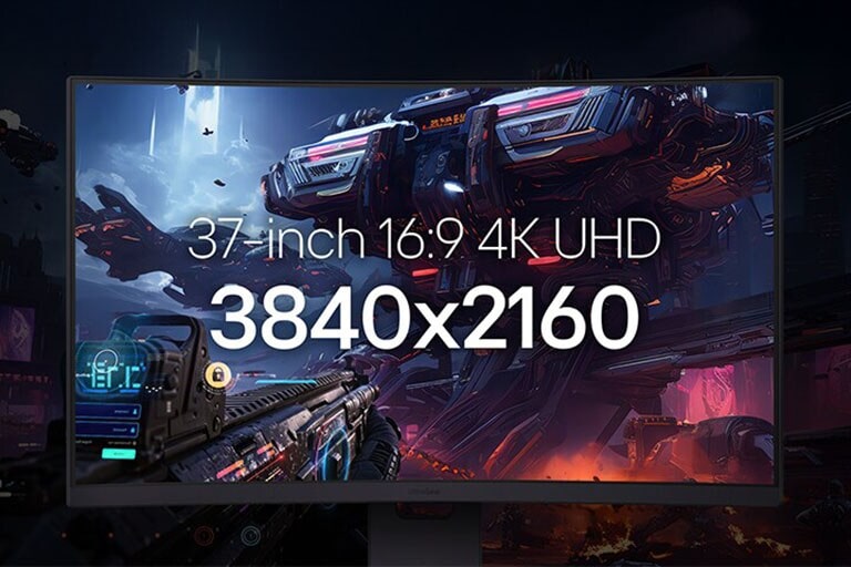 Etunäkymä LG UltraGear™ 37G800A -näytöstä, jolla näkyy futuristinen sci-fi-taistelukohtaus. Päällä oleva teksti korostaa resoluutiota ja formaattia: ”37 tuuman 16:9 4K UHD 3840×2160.”
