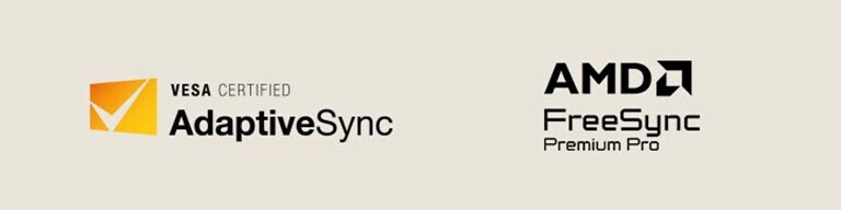 NVIDIA G-SYNC-, VESA AdaptiveSync™- ja AMD FreeSync Premium Pro -logot.
