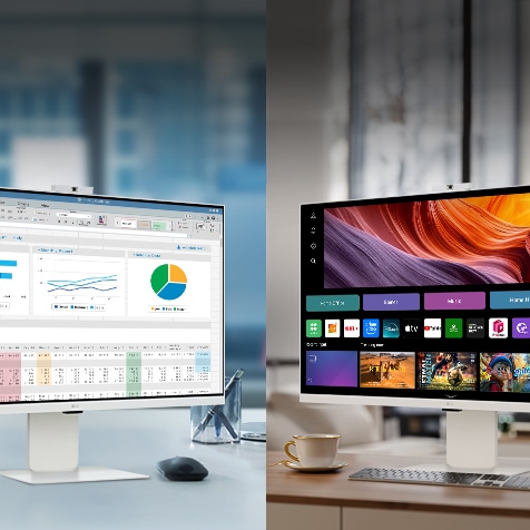 Kuvassa näkyy LG Smart Monitor -näyttöjä toimistossa ja kotona.
