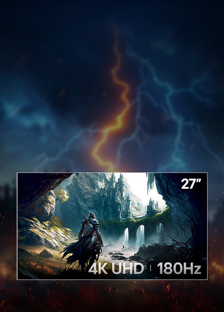 Pääbanneri LG UltraGear™ 27G810A:lle: fantasiasoturi hevosen selässä lähestyy auringon valaisemia, tumman metsän reunustamia raunioita. Otsikossa lukee ”Hallitse ihanteellisella koolla”, ja sitä seuraa teksti 4K-selkeydestä ja Dual-Mode-nopeuksista. Päälle aseteltu teksti nurkassa listaa pääominaisuudet ”27″ | 4K UHD | 180 Hz.”