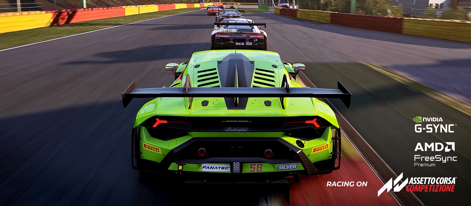 Kilpailukohtaus Assetto Corsa Competizionesta näkyy UltraGear™ 27G640A -näytöllä, joka tukee NVIDIA G-SYNC- ja AMD FreeSync Premium -ominaisuuksia.