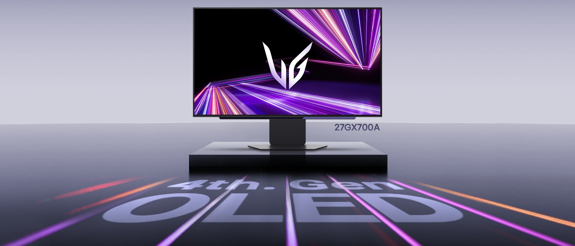 Edestä otettu kuva UltraGear™ OLED 27GX700A -pelinäytöstä.	