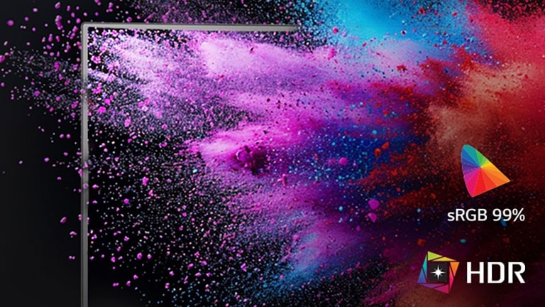 Kuva, jossa näkyvät näytön upeat värit ja violettia, punaista ja sinistä mustetta ryöppyää näytöstä, ja alhaalla oikealla näkyvät sRGB 99% -logo ja HDR-logo	
