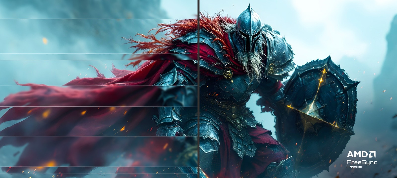 Ritari punaisessa viitassa pitää suurta kilpeä ja miekkaa, vasen ruutu on jaettu kahtia ja se on sumea, ja oikea ruutu näkyy selkeänä, ja näkyvillä on AMD FreeSync Premium -logo oikeassa alakulmassa.