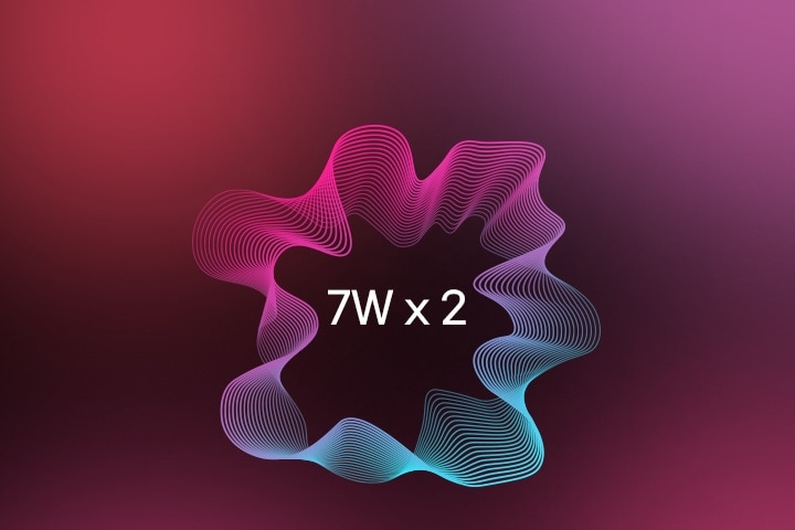 Graafinen kuvitus, jossa värikkäät ääniaaltokuviot ympäröivät tekstin ”7W x 2”.	