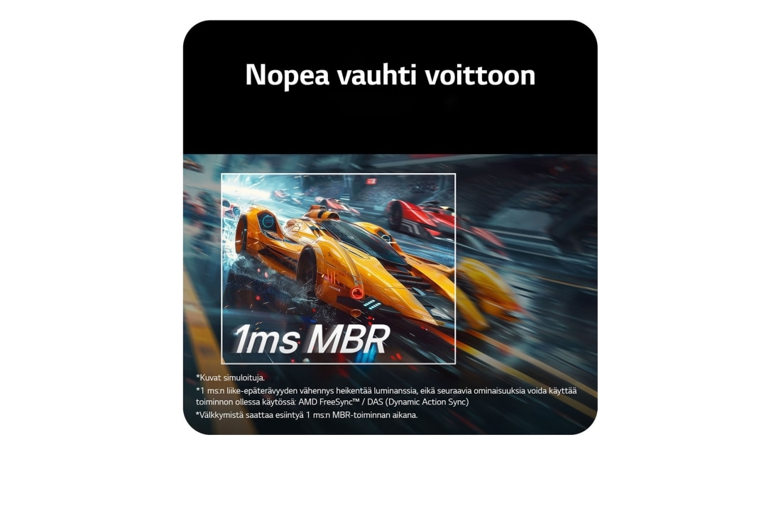 LG 27'' UltraGear™ G4 | 1920 x 1080 | 144Hz | IPS-pelinäyttö, Keltaisen kilpa-auton nähdään kiitävän eteenpäin näytöllä, ja teksti ”1ms MBR” on näkyvästi esillä. , 27G411B-B, thumbnail 7