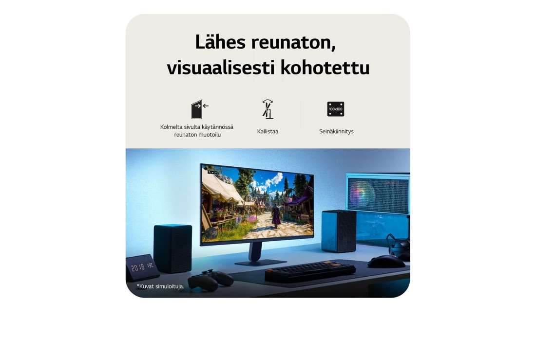 LG 27'' UltraGear™ G4 | 1920 x 1080 | 144Hz | IPS-pelinäyttö, Tämä kuva näyttää työpöydälle asennetun UltraGear™-pelimonitorin toistamassa pelikohtausta. Kuvakkeet osoittavat kolmelta sivulta reunuksetonta muotoilua, korkeussäätöä, kallistussäätöä ja seinäkiinni, 27G411B-B, thumbnail 9