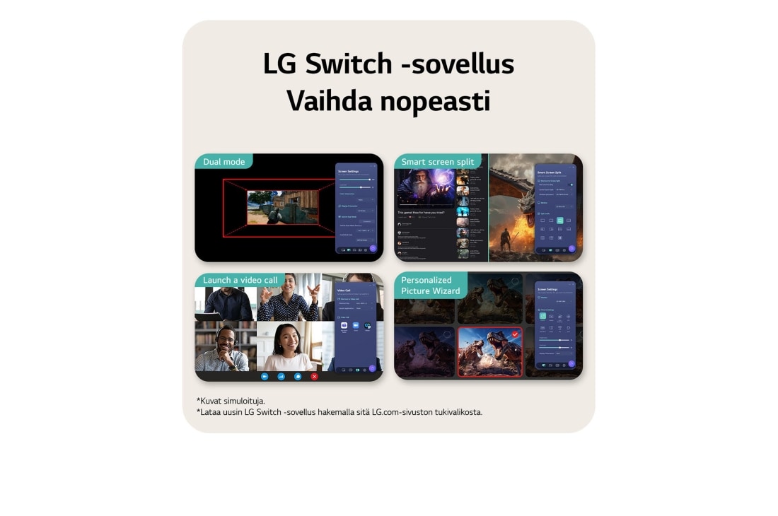 LG 27'' UltraGear™ G4 | 1920 x 1080 | 144Hz | IPS-pelinäyttö, Tämä kuva korostaa LG Switch -sovelluksen käyttöliittymää ja esittelee ominaisuuksia, joita ovat esimerkiksi Dual-tila, Smart Screen Split, videopuhelun käynnistäminen ja Personalized Picture Wizard ä, 27G411B-B, thumbnail 10