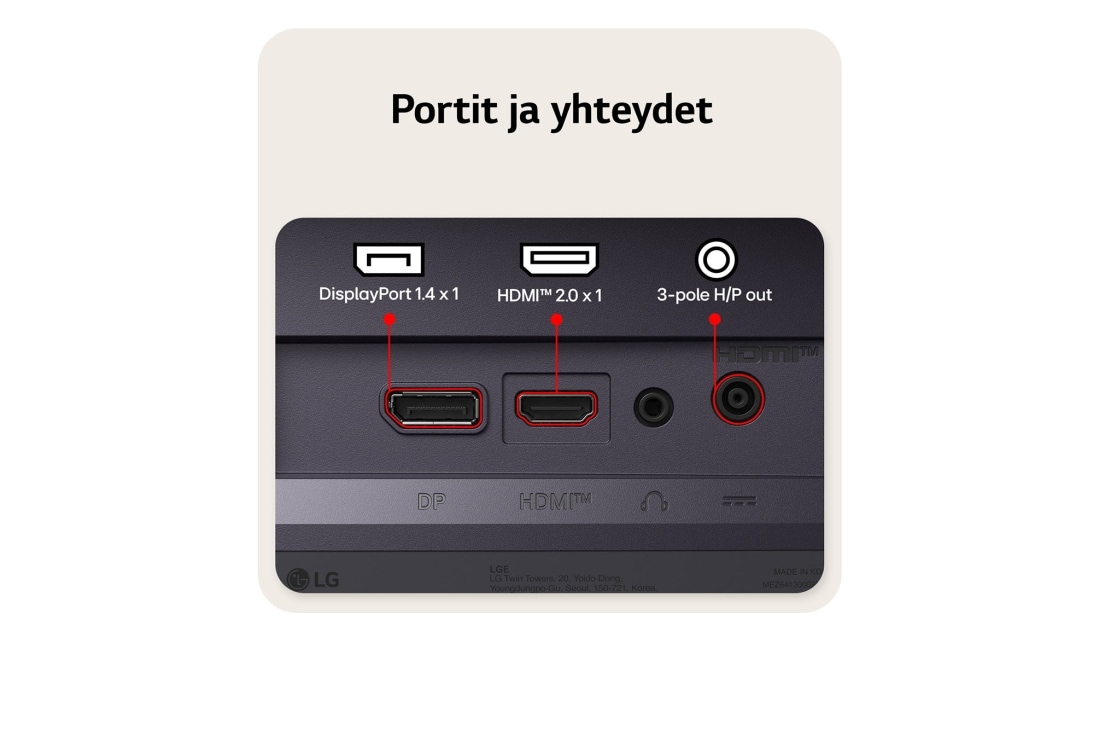 LG 27'' UltraGear™ G4 | 1920 x 1080 | 144Hz | IPS-pelinäyttö, Takanäkymä pelinäytöstä; kuvassa näkyvät näytön liitännät, mukaan lukien yksi HDMI™ 2.0 -tulo, yksi DisplayPort 1.4 -portti ja 3-napainen kuulokelähtö., 27G411B-B, thumbnail 11
